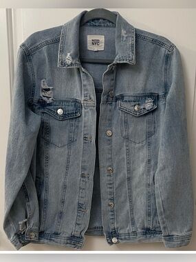 Madden NYC Distressed Boyfriend Light Blue Denim Jacket